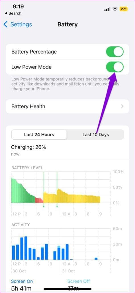 Disable Low Power Mode on iPhone