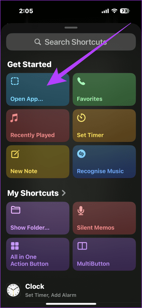 14. open the Action Button settings select Shortcut and then select the Open App shortcut