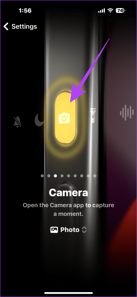 6. head over to the Action Button settings and select the action as Camera