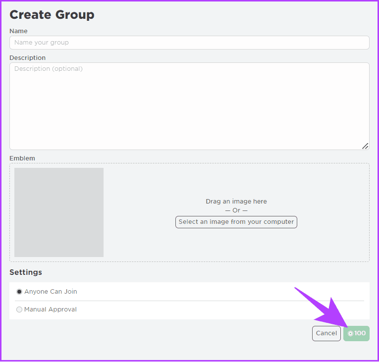 Add all the necessary information and then click 100 Robux to create group on Roblox