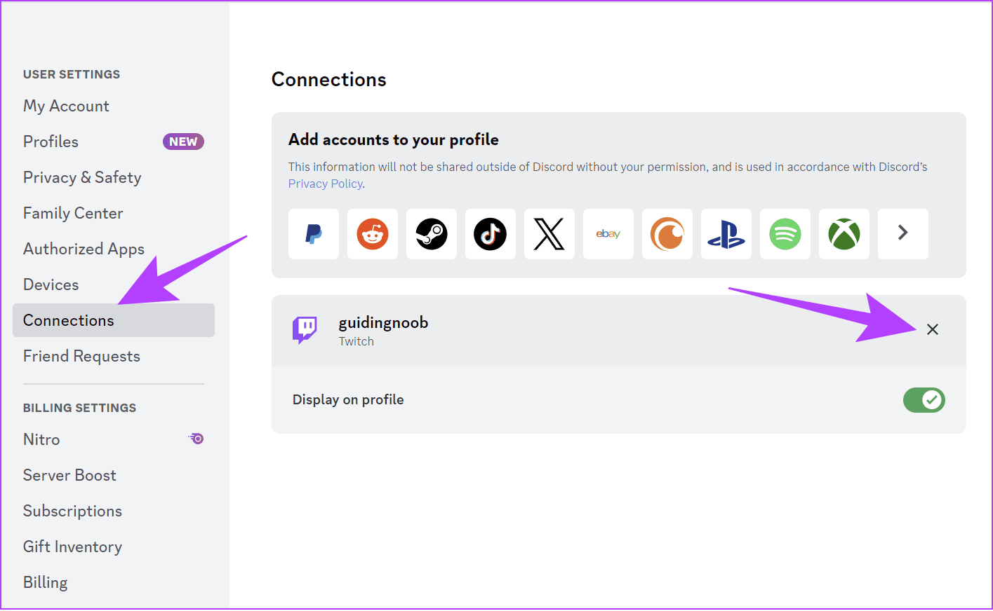 choose connections and click the X button next to Twitch