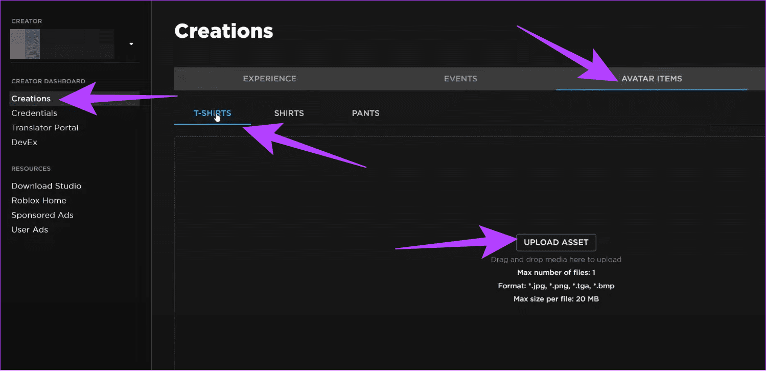 Choose Creations and then select Avatar items and then select T shirt to click