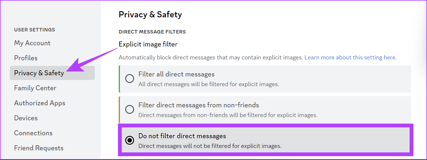 Choose privacy and safety then choose do not filter direct message