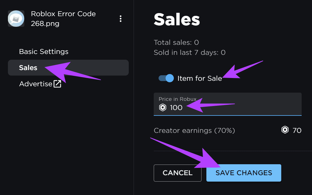 Choose Sales from the sidebar and toggle on item for sale. Set the price and then choose Save Changes