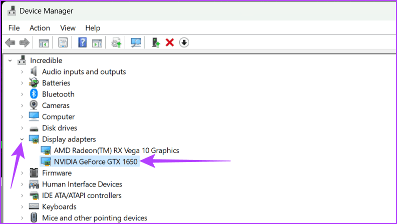 Click the downward arrow next to Display adapters and open NVIDIA driver by double clicking on it