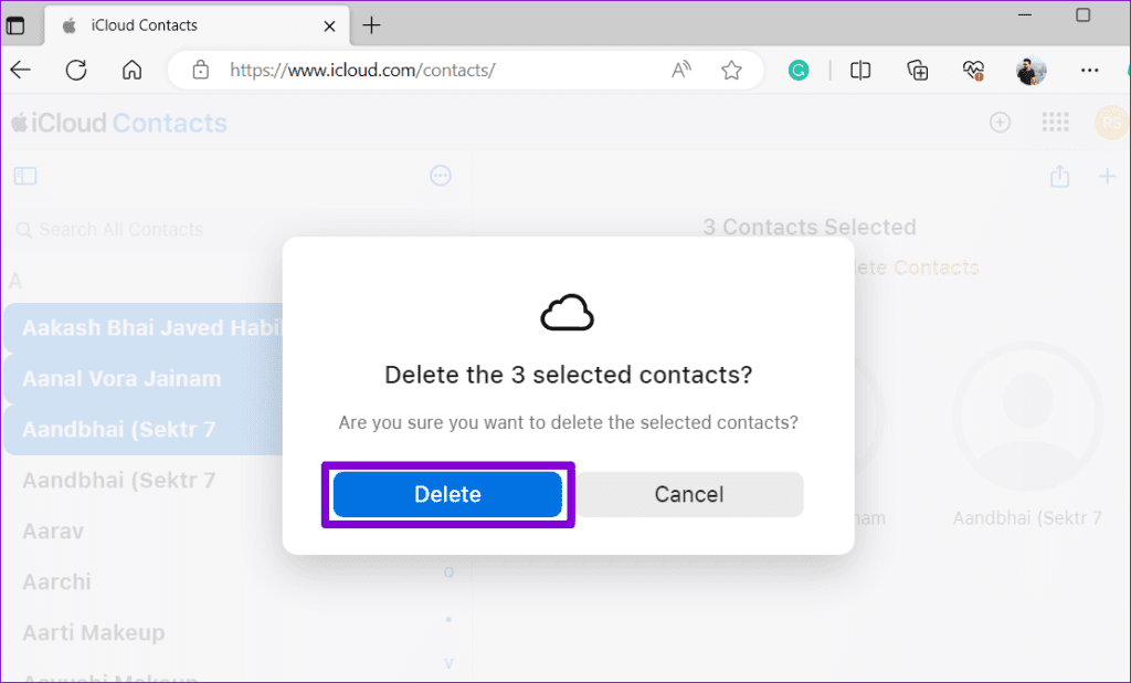 Confirm Delete Contacts Using iCloud for Web