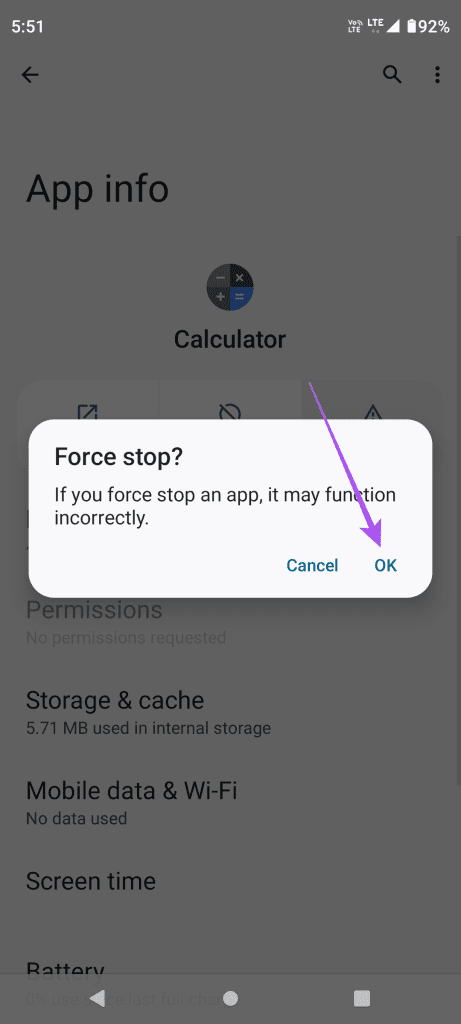 confirm force stop calculator app android