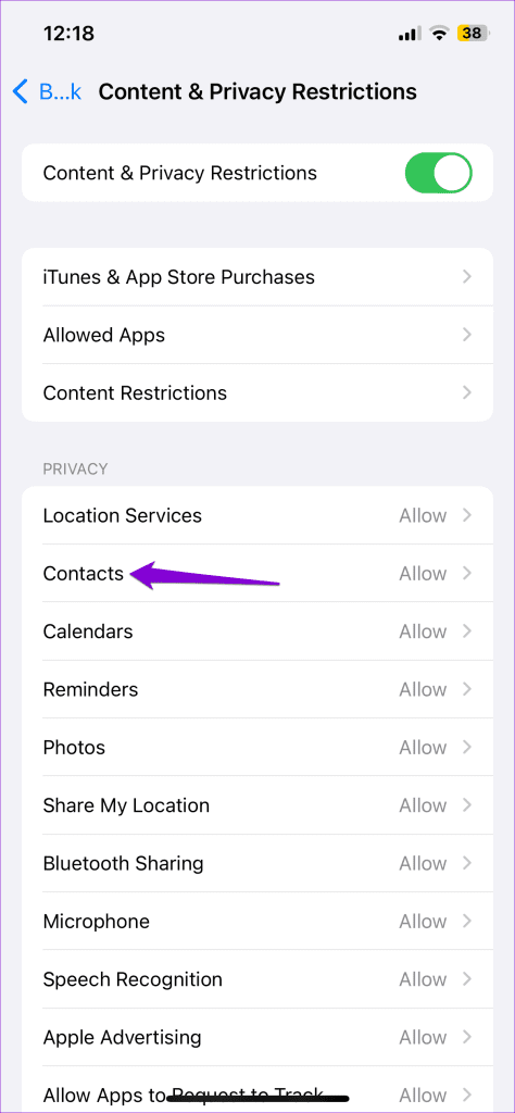 Contacts Settings on an iPhone
