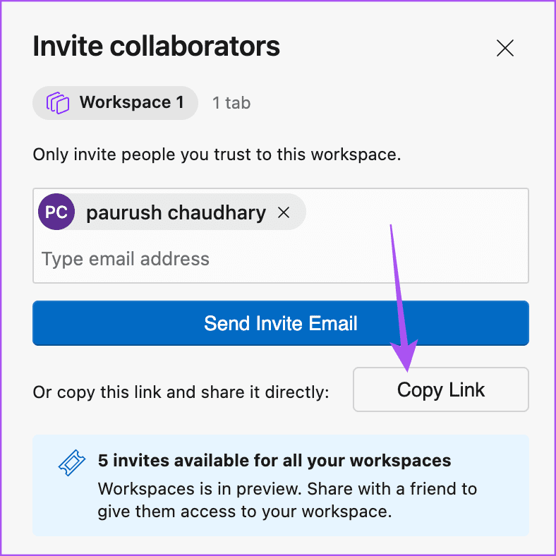 copy workspace invite link edge browser