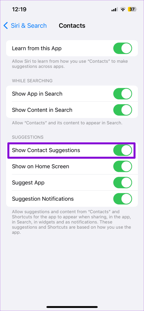 Disable Contacts Suggestions on iPhone