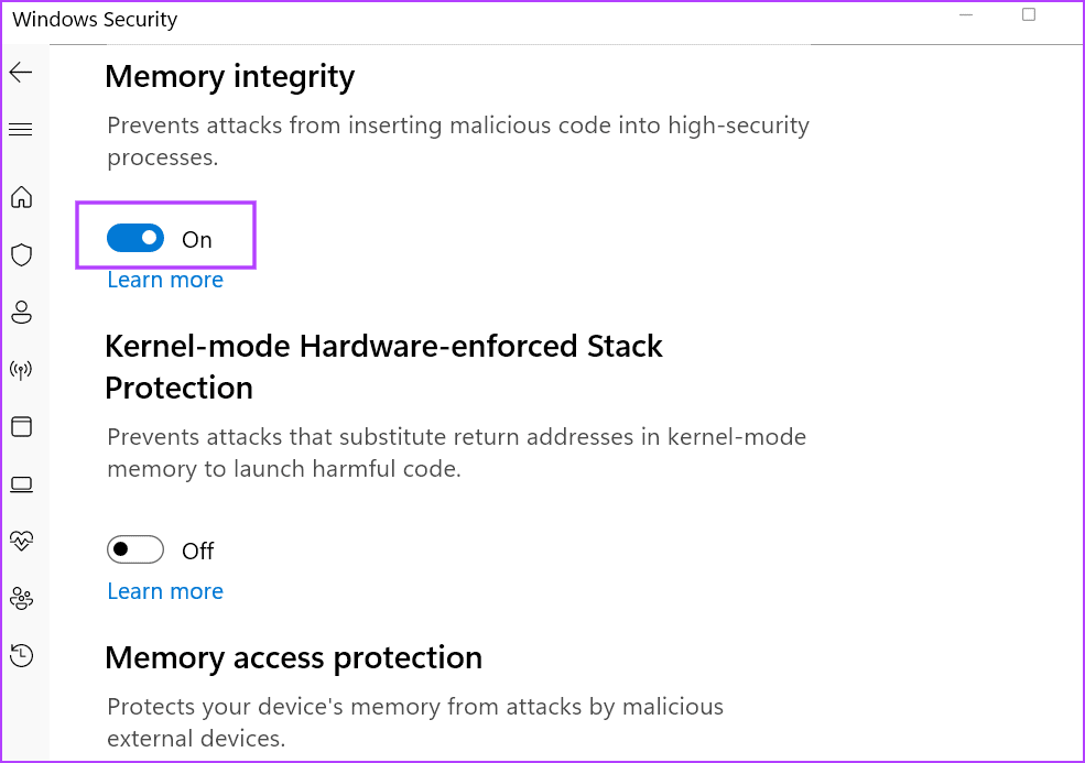 disable memory integrity