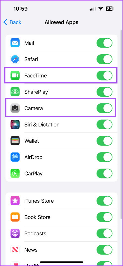 enable facetime and camera screen time iphone