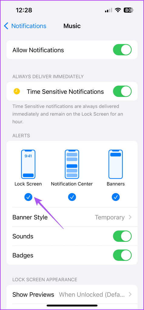 enable lock screen alert for music on iphone