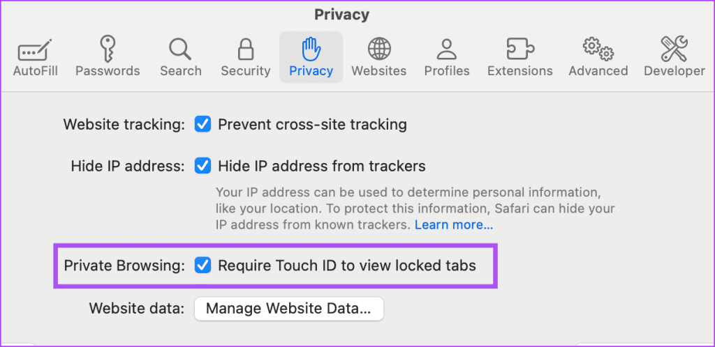 enable touch id for private tabs safari mac
