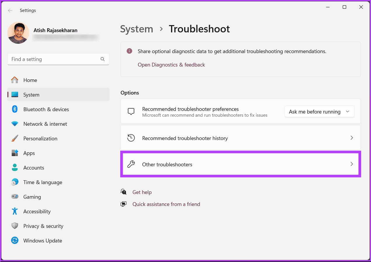 Click on the Other troubleshooter option