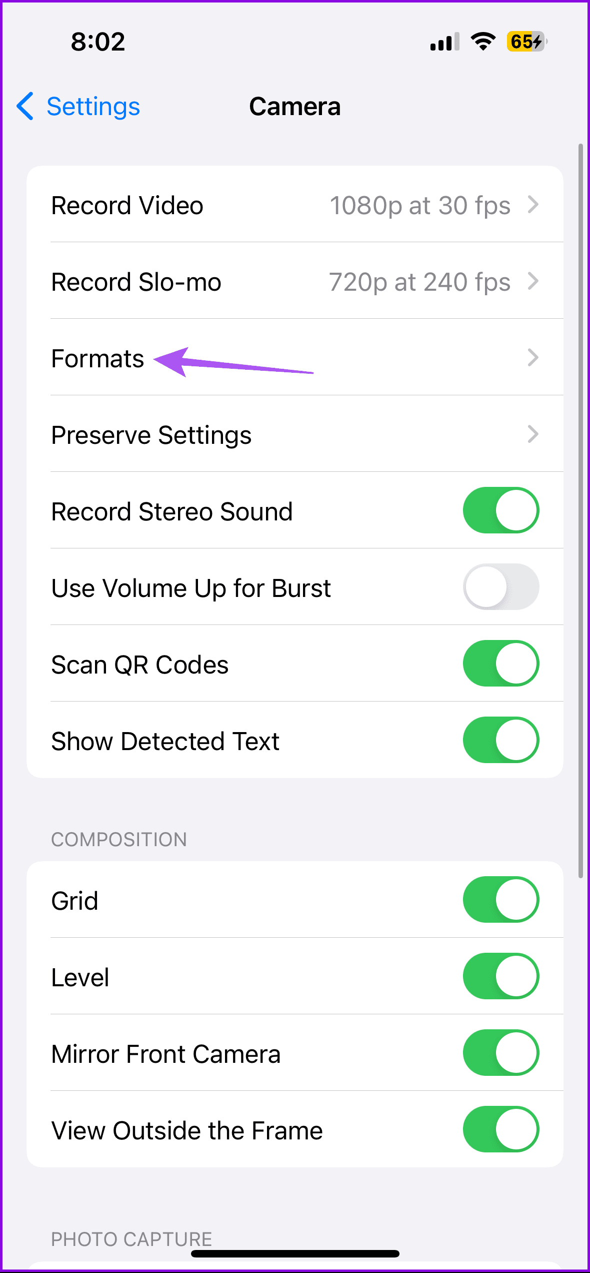 formats camera settings iphone