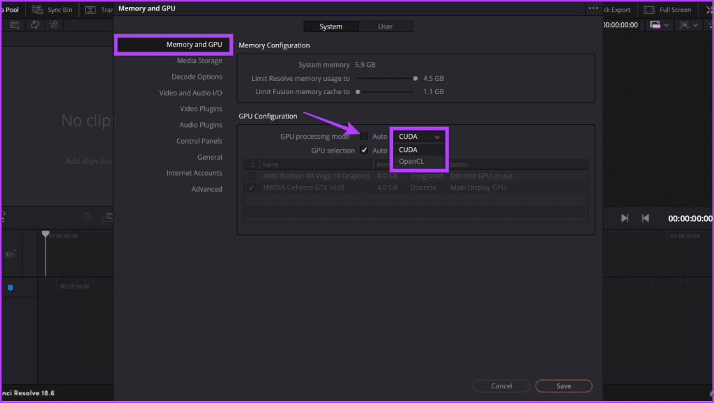 Head to Memory and GPU uncheck the box next to GPU Processing mode from the dropdown next to it choose one option and click Save
