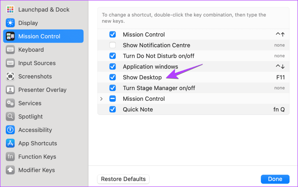 MacOS keyboard shortcut Desktop not working