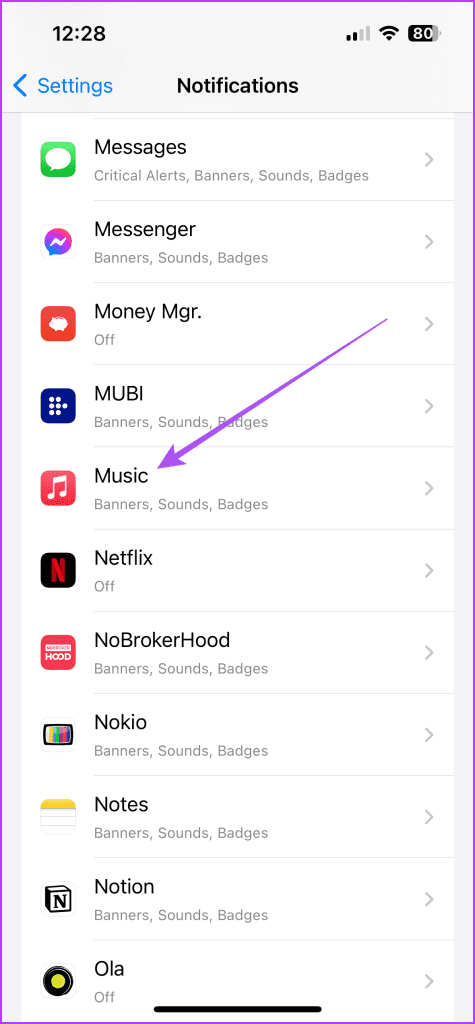 music notifications settings iphone