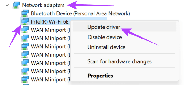 Open Network adapters choose one and then choose update driver