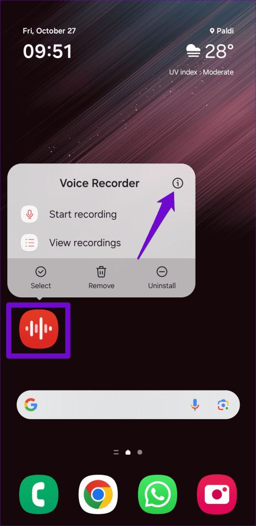 Open Voice Recorder App Info on Samsung Phone