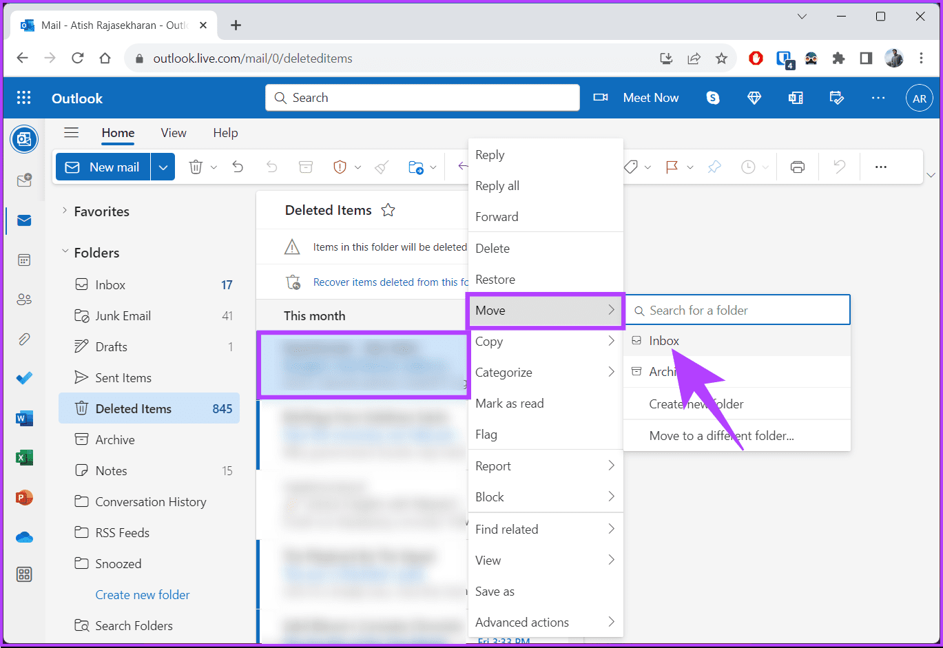 Step 3: Scroll through the items (emails or events), right-click on the folder you wish to recover from the drop-down menu, choose Move, and select the destination to restore and recover your deleted folders
