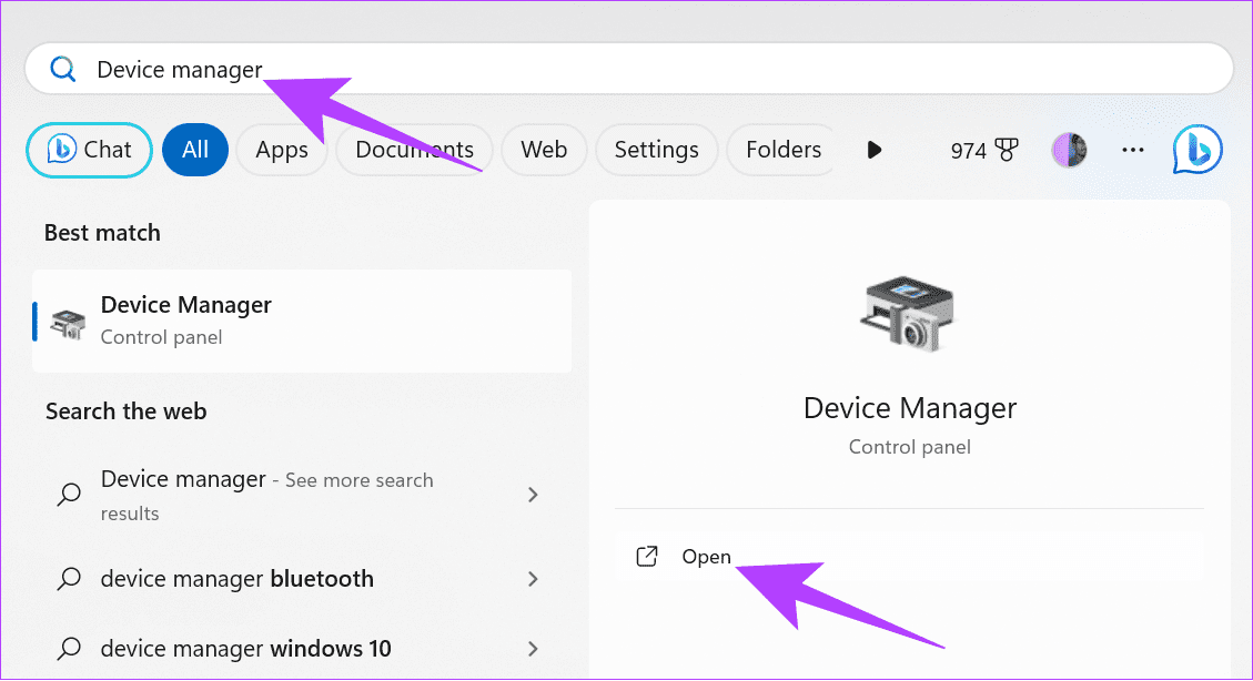 Search and open Device manager using Start