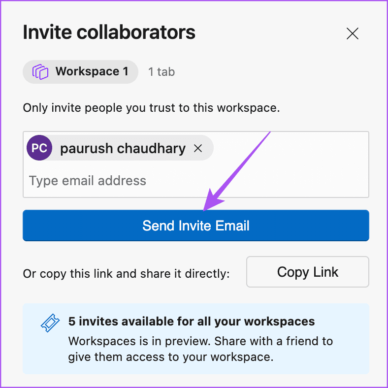 send invite email workspace edge browser