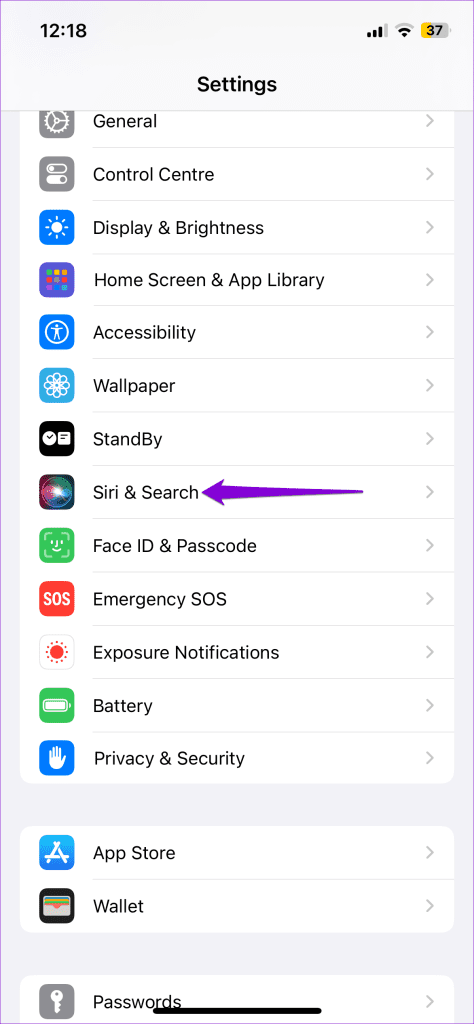 Siri and Search Settings on iPhone