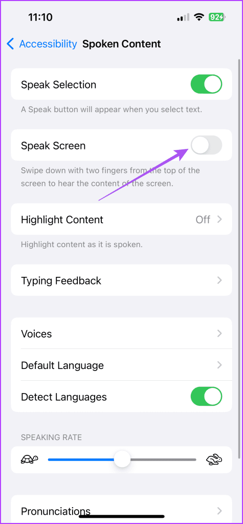 speak screen settings iphone