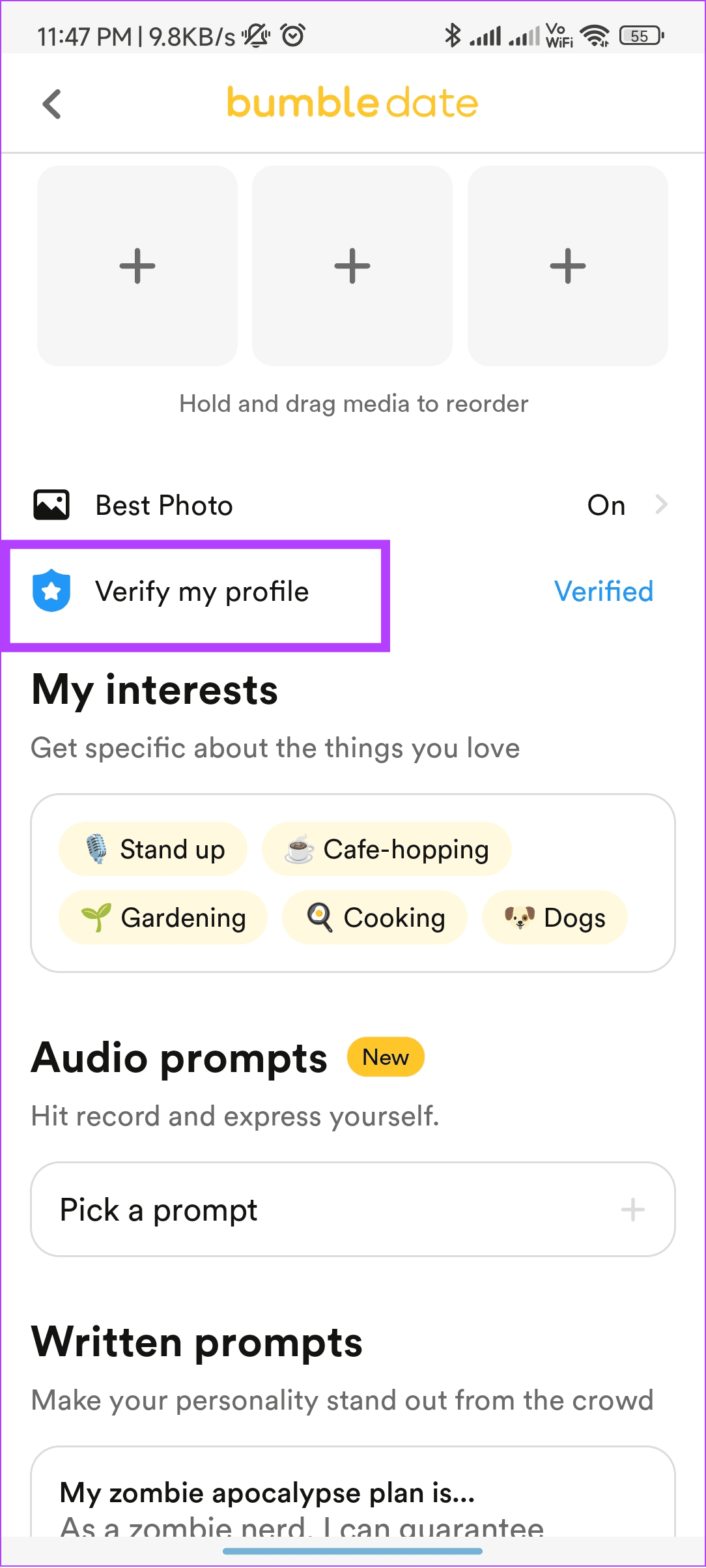tap verify my profile