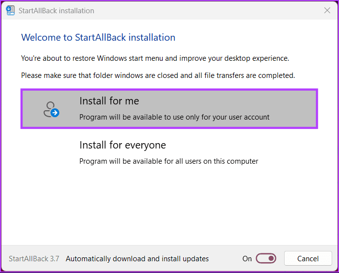Select the following installation options