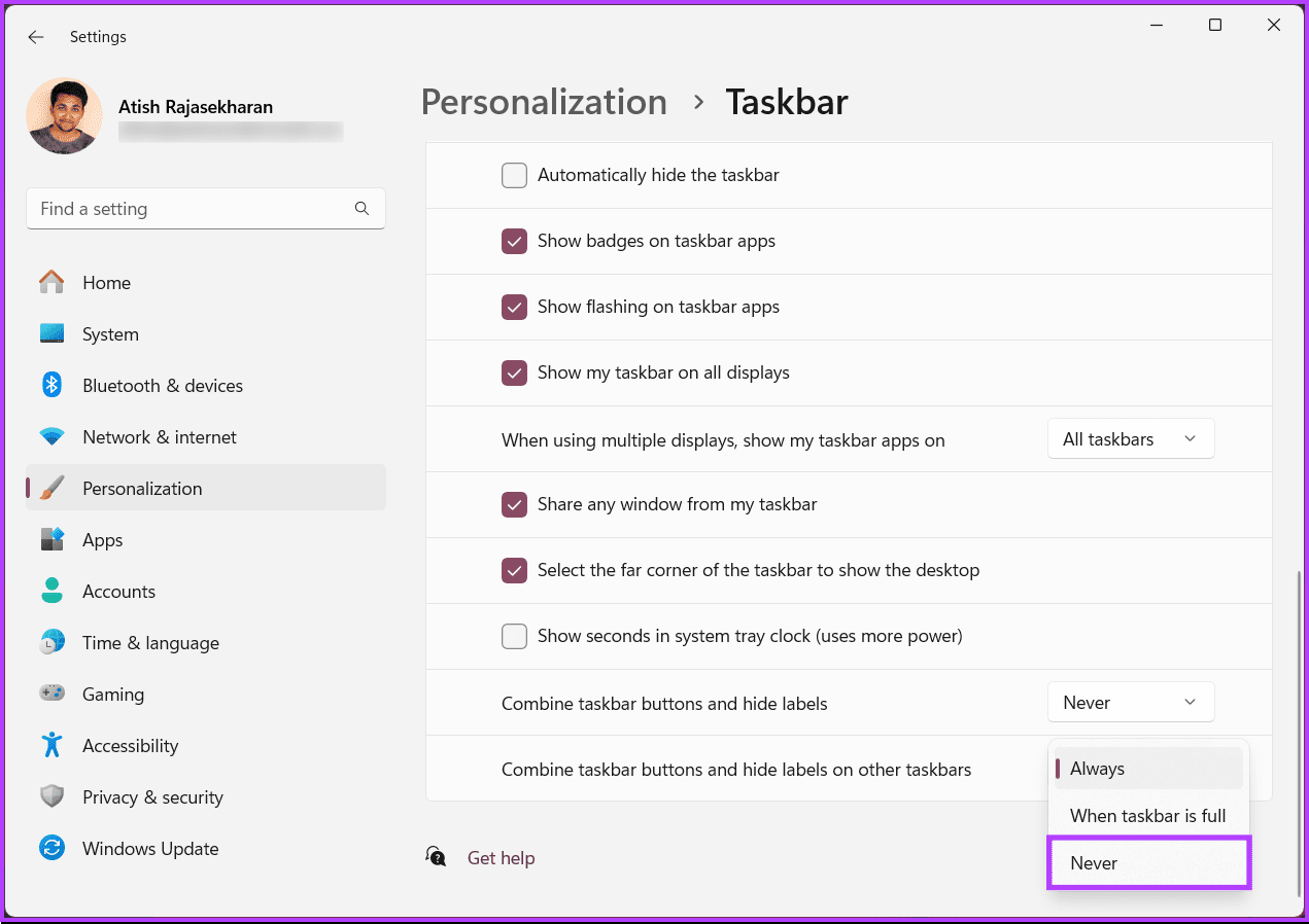 ‘Combine taskbar buttons and hide labels on other taskbars’ option
