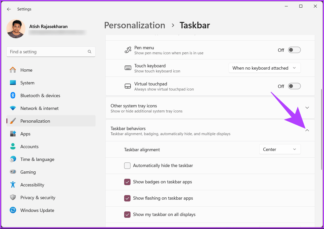 click on Taskbar behaviors to expand it