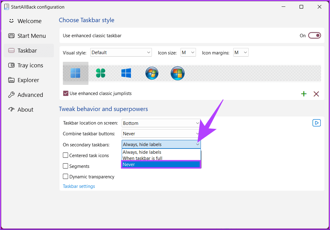 select Never from the drop-down menu