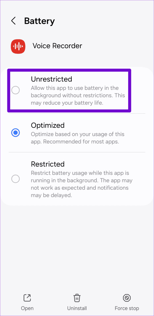 Unrestricted Battery Usage to Samsung Phone